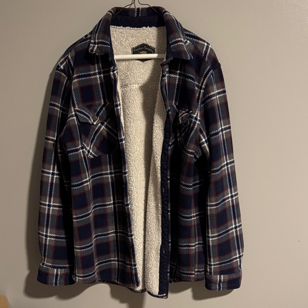 Freedom Foundry Men's Blue Red Plaid Sherpa Lined Flannel Shirt Jacket Size Med - Picture 7 of 10